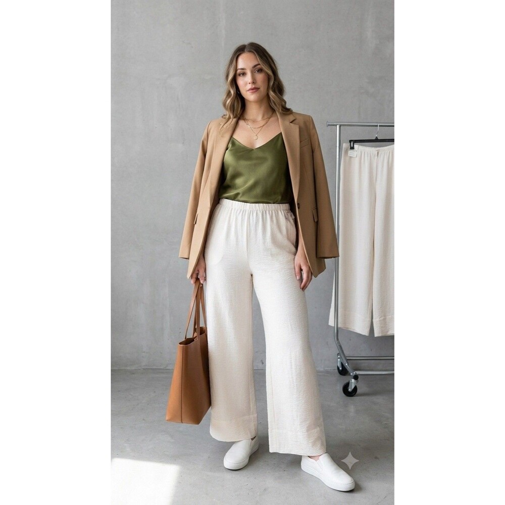 NWT Jules & Leopold Women's Wide Leg Pants Large White Cream Elastic Waist